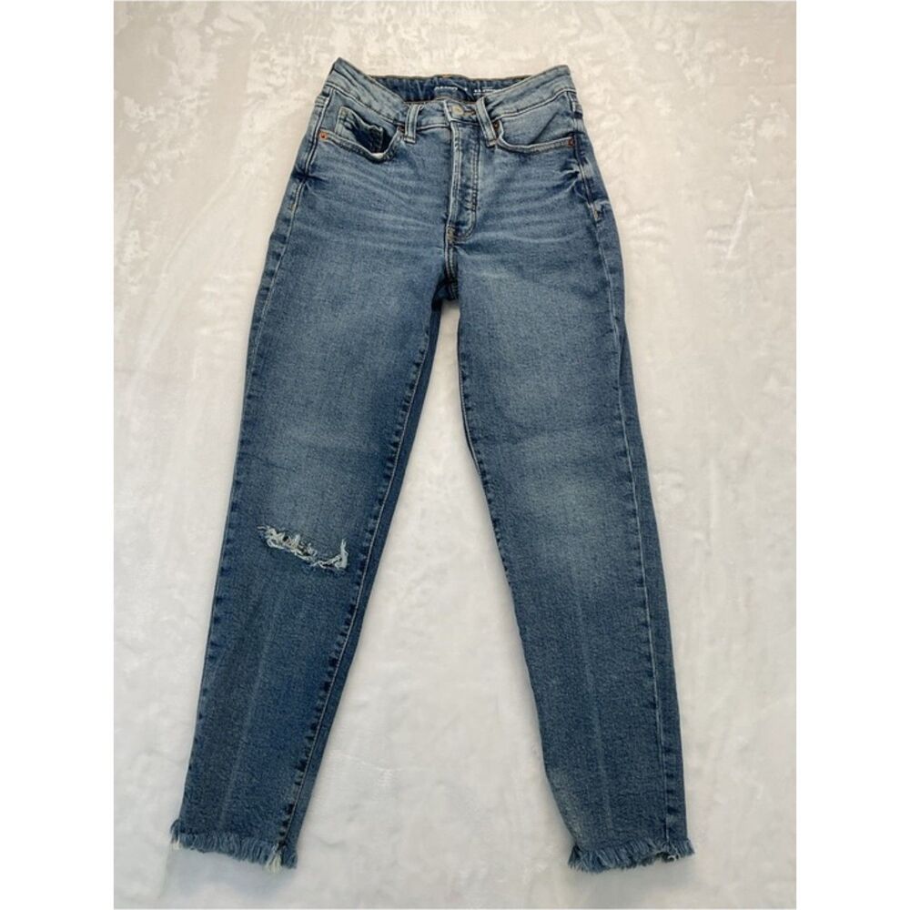 Old Navy OG Straight Leg Jeans Women 0 Blue Button Fly Distressed Knee Raw